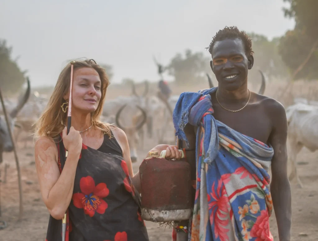 Travel influencer Julianna Jacewicz in South Sudan's Mundari tribe