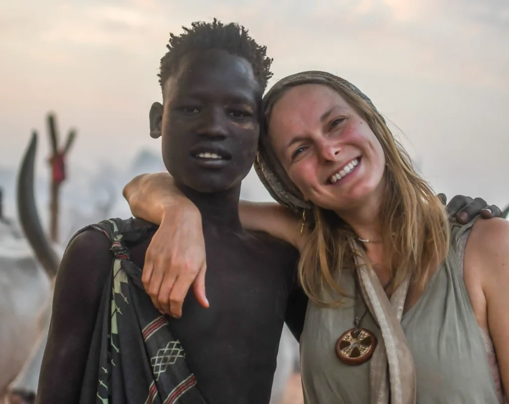Travel influencer Julianna Jacewicz in South Sudan's Mundari tribe