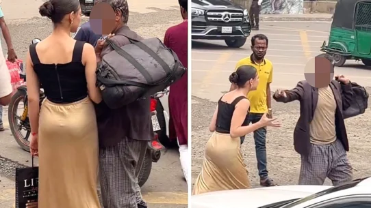 Model Monika Kabir was being filmed on a busy street in Dhaka when she struck an elderly man repeatedly with her bag