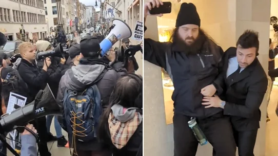 Fur activists flooded the Louis Vuitton flagship store on Bond Street with signs and bullhorns