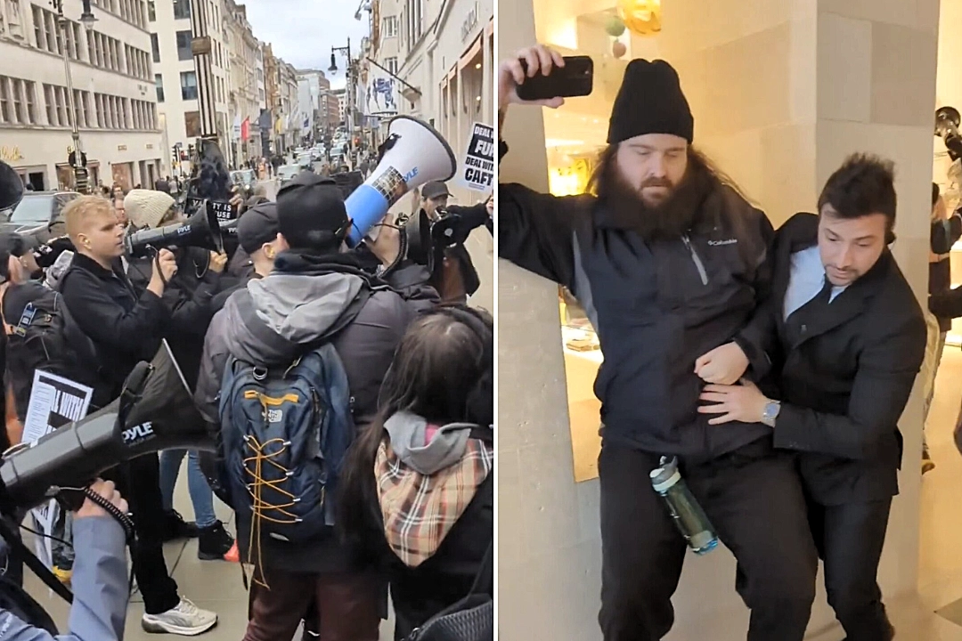 Fur activists flooded the Louis Vuitton flagship store on Bond Street with signs and bullhorns