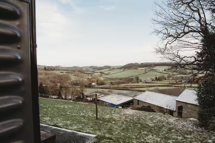 A shepherd's hut Airbnb in Derbyshire sits right next to the field where Clarkson's Farm star Harriet Cowan grazes her cattle