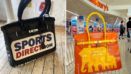 Artist Vinay Hathi created an oversized Sainsbury's "Birkin" bag from leftover carpet as a joke