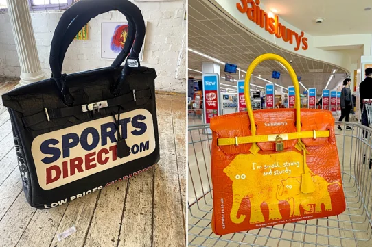 Artist Vinay Hathi created an oversized Sainsbury's "Birkin" bag from leftover carpet as a joke