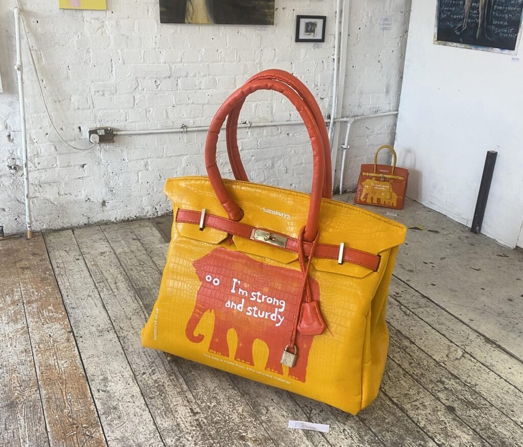 Artist Vinay Hathi created an oversized Sainsbury's "Birkin" bag from leftover carpet as a joke