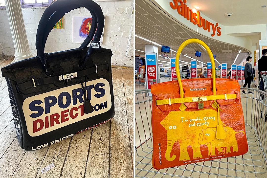 Artist Vinay Hathi created an oversized Sainsbury's "Birkin" bag from leftover carpet as a joke