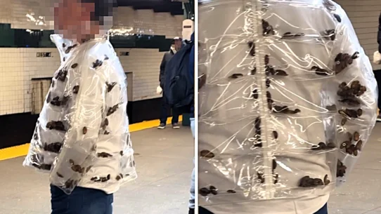 A commuter in New York was spotted wearing a transparent jacket filled with live cockroaches on a subway platform