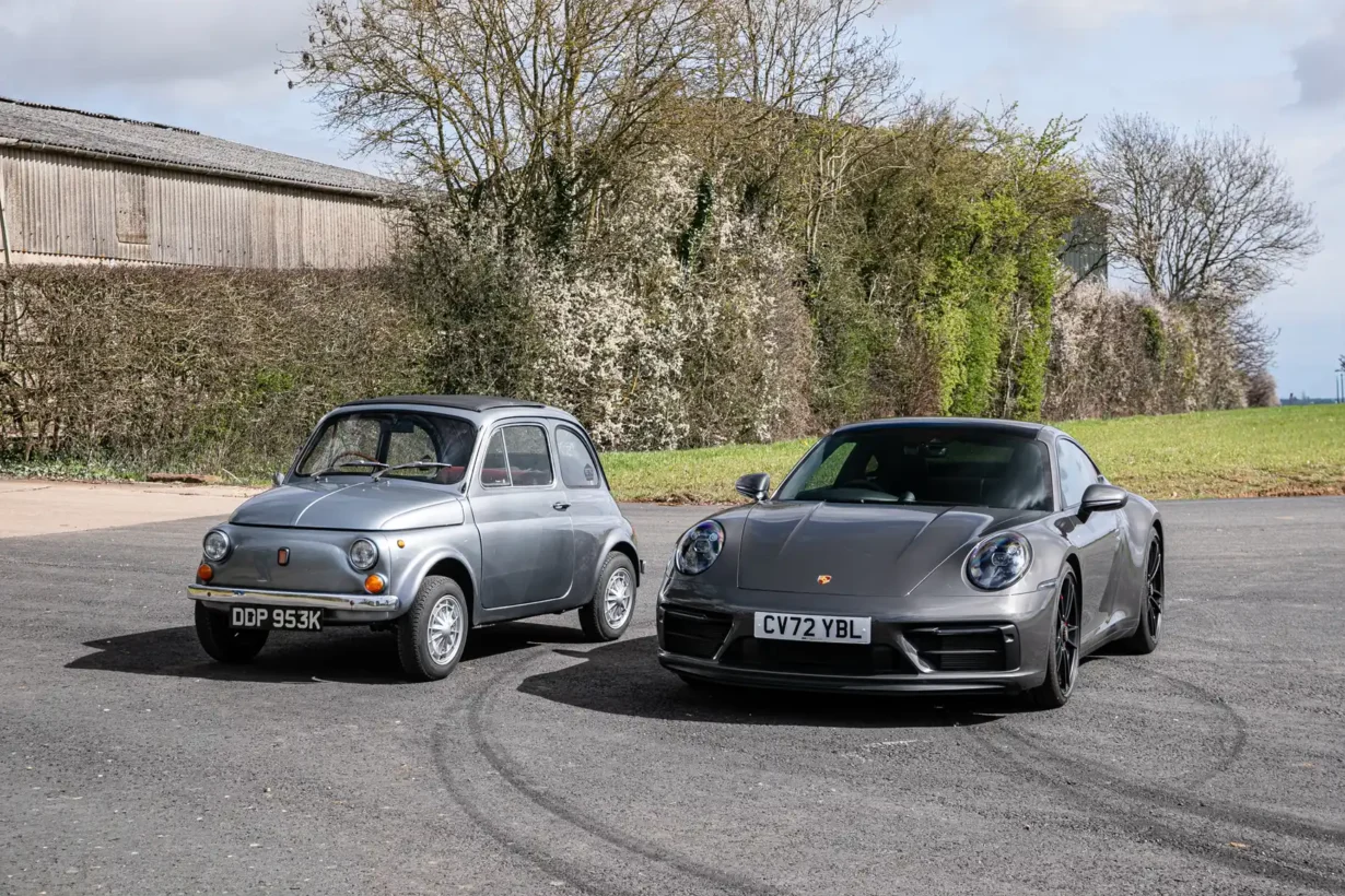 A 2022 Porsche 911 GTS and a 1972 Fiat 500