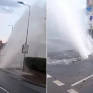 A burst water main sent a huge jet of water into the air next to Banbury Cross during the UK heatwave