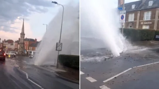 A burst water main sent a huge jet of water into the air next to Banbury Cross during the UK heatwave