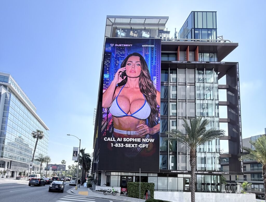The AI version of Sophie Dee appearing on a controversial billboard in LA