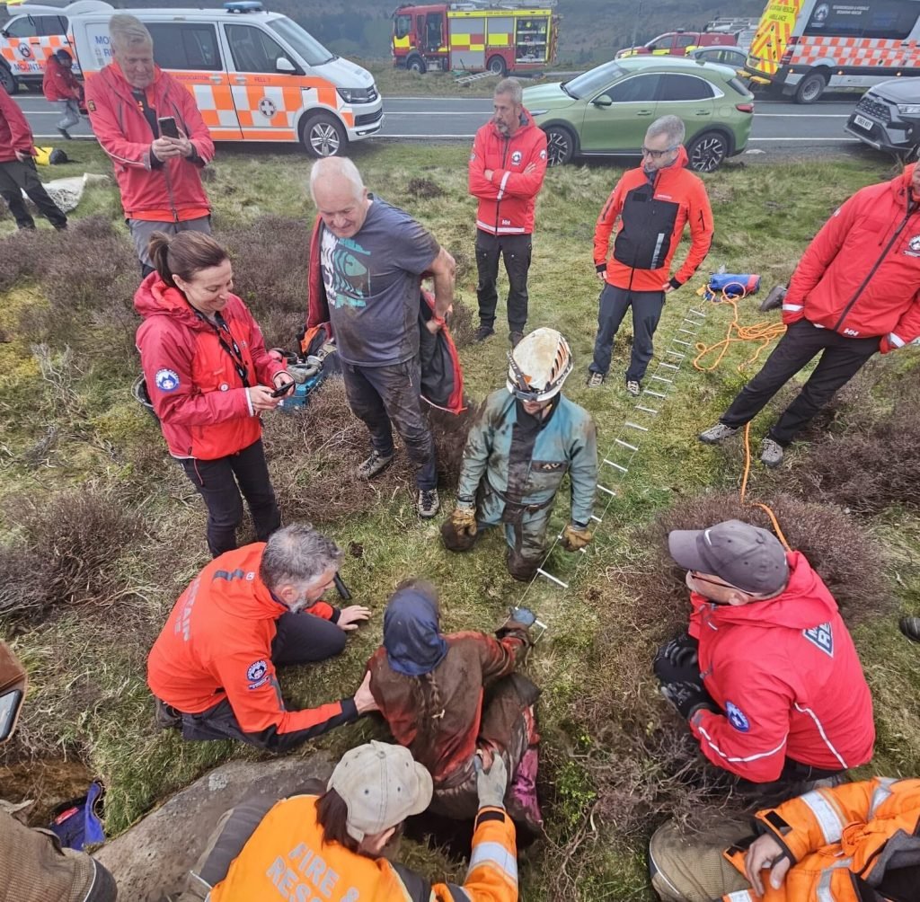 Maisy the 12-year-old Staffie cross dropped 20ft into a hidden pothole on the North York Moors