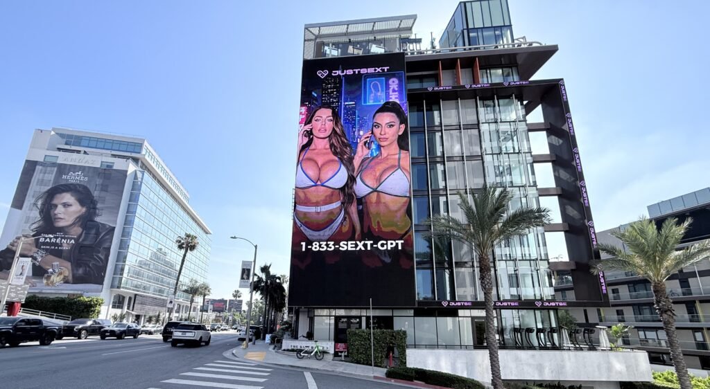 JustSext put two AI-generated models in bikinis on a Sunset Boulevard billboard at 9:30am