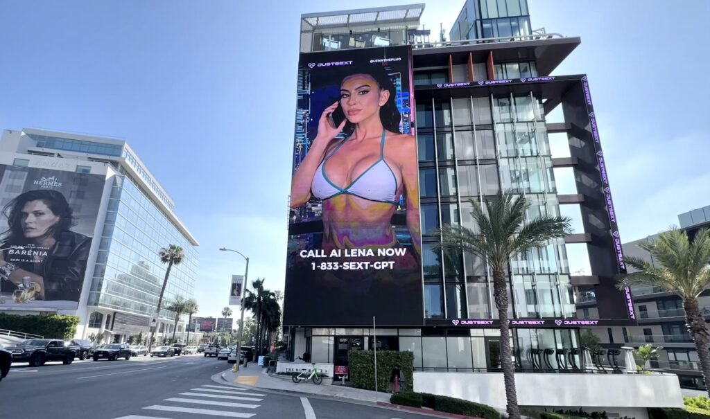 JustSext put two AI-generated models in bikinis on a Sunset Boulevard billboard at 9:30am