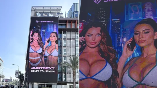 JustSext put two AI-generated models in bikinis on a Sunset Boulevard billboard at 9:30am