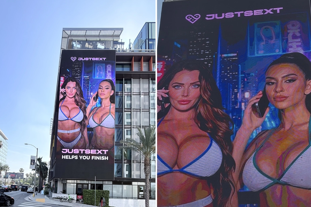 JustSext put two AI-generated models in bikinis on a Sunset Boulevard billboard at 9:30am