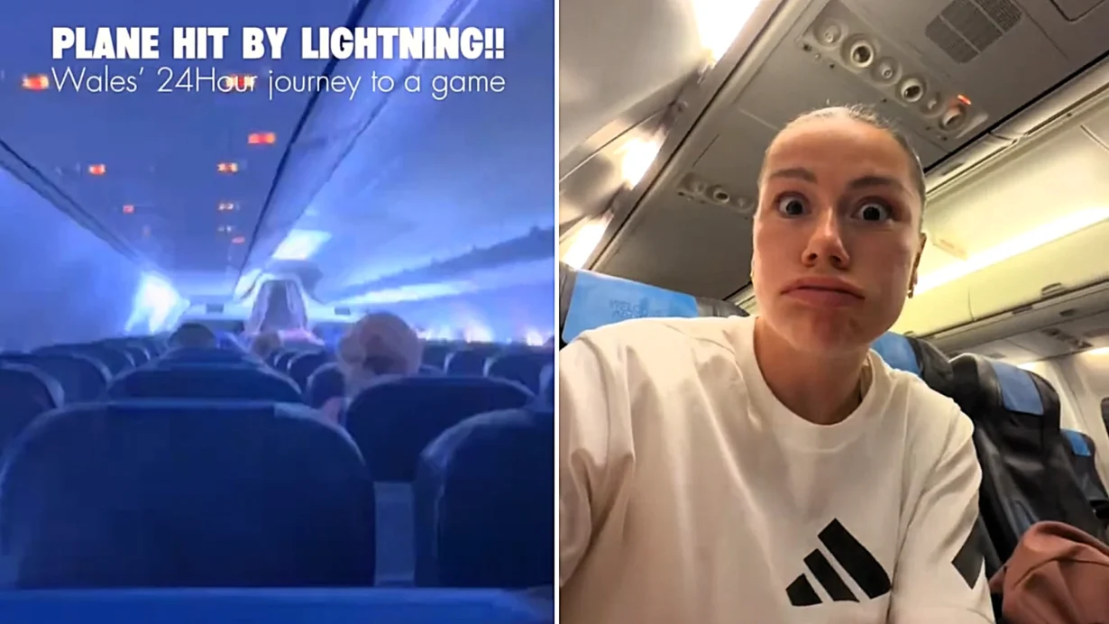 Wales star Ffion Morgan filmed the terrifying moment lightning struck her squad's plane before a World Cup qualifier