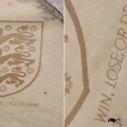 A beach artist raked a giant England Three Lions badge into Yorkshire sand for the World Cup