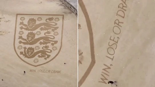 A beach artist raked a giant England Three Lions badge into Yorkshire sand for the World Cup