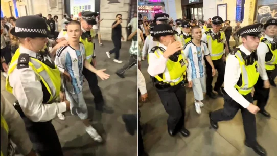 England fans surrounded a lone Argentina supporter in Piccadilly Circus after semi-final heartbreak, forcing Met Police to step in