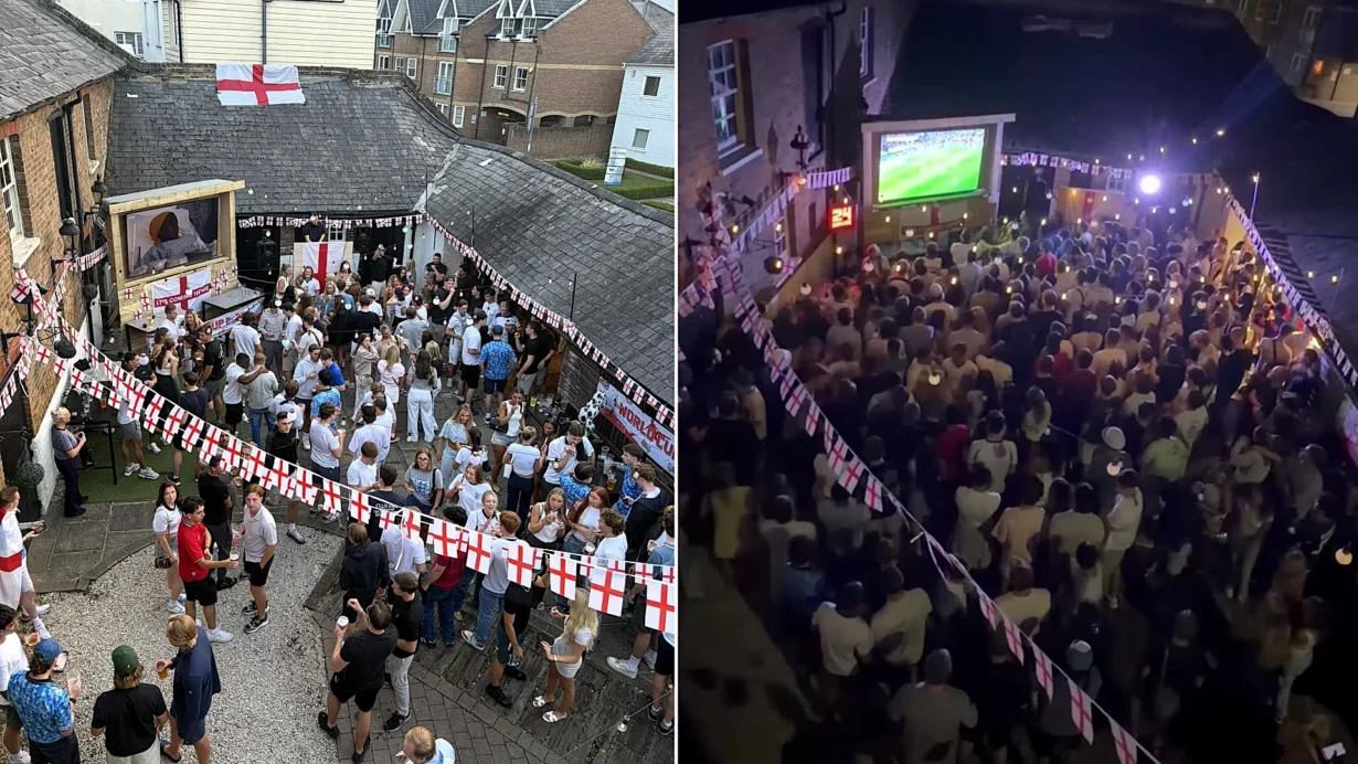 Wild footage shows a packed Hertfordshire pub throwing pints at 3am as 10-man England beat Mexico 3-2 in a World Cup thriller