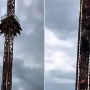 A snapped pulley left seven riders stranded 33ft up on a Mexican fairground free-fall tower