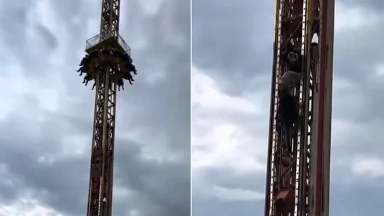 A snapped pulley left seven riders stranded 33ft up on a Mexican fairground free-fall tower