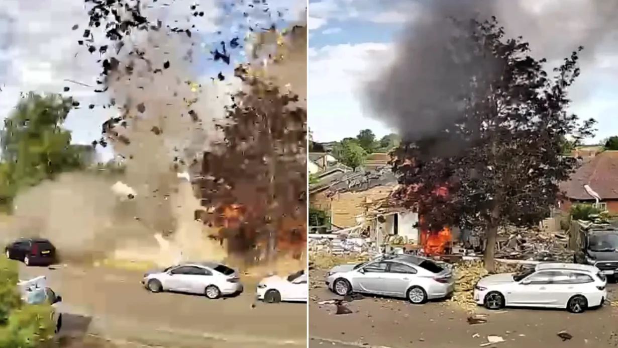 Dramatic doorbell footage shows the moment a bungalow exploded in a suspected gas blast near Milton Keynes