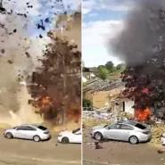 Dramatic doorbell footage shows the moment a bungalow exploded in a suspected gas blast near Milton Keynes