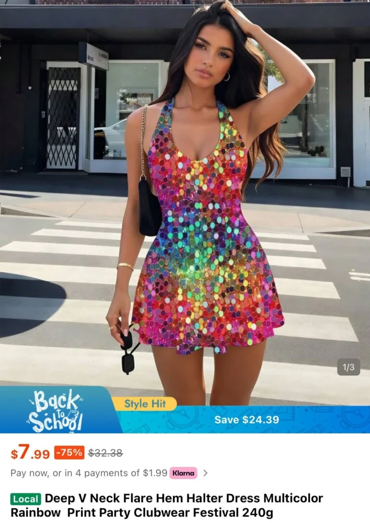 A Shein shopper's £13 birthday dress arrived with the sequins printed flat onto the fabric