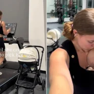 Angela Holm's five-month-old got restless at the gym, so the mum-of-five strapped her on and kept walking