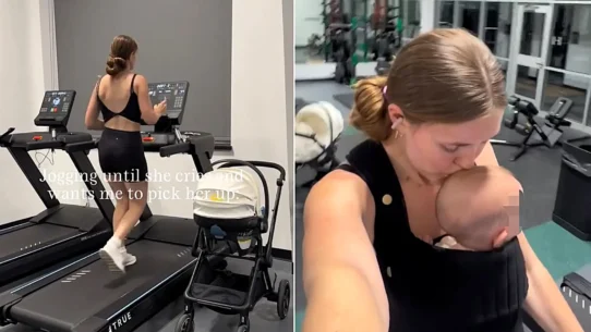 Angela Holm's five-month-old got restless at the gym, so the mum-of-five strapped her on and kept walking