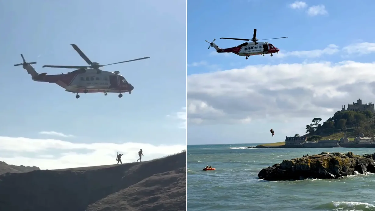 Five people stayed on Chapel Rock in Marazion as the Bank Holiday tide came in