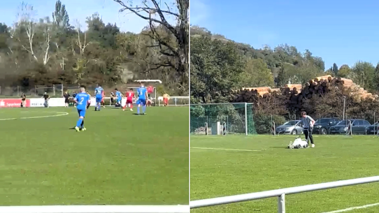 A groundsman started painting the penalty box during a live match in Germany