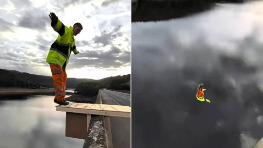 Sheffield diver Isaac Trueman-Marsden leapt from a bridge in full hi-vis on a homemade board