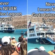 Footage of Balos Lagoon in Crete shows thousands of tourists packed onto the shoreline