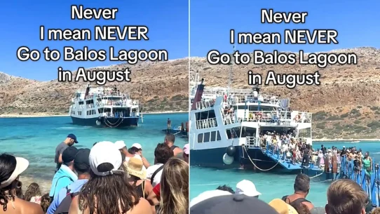 Footage of Balos Lagoon in Crete shows thousands of tourists packed onto the shoreline