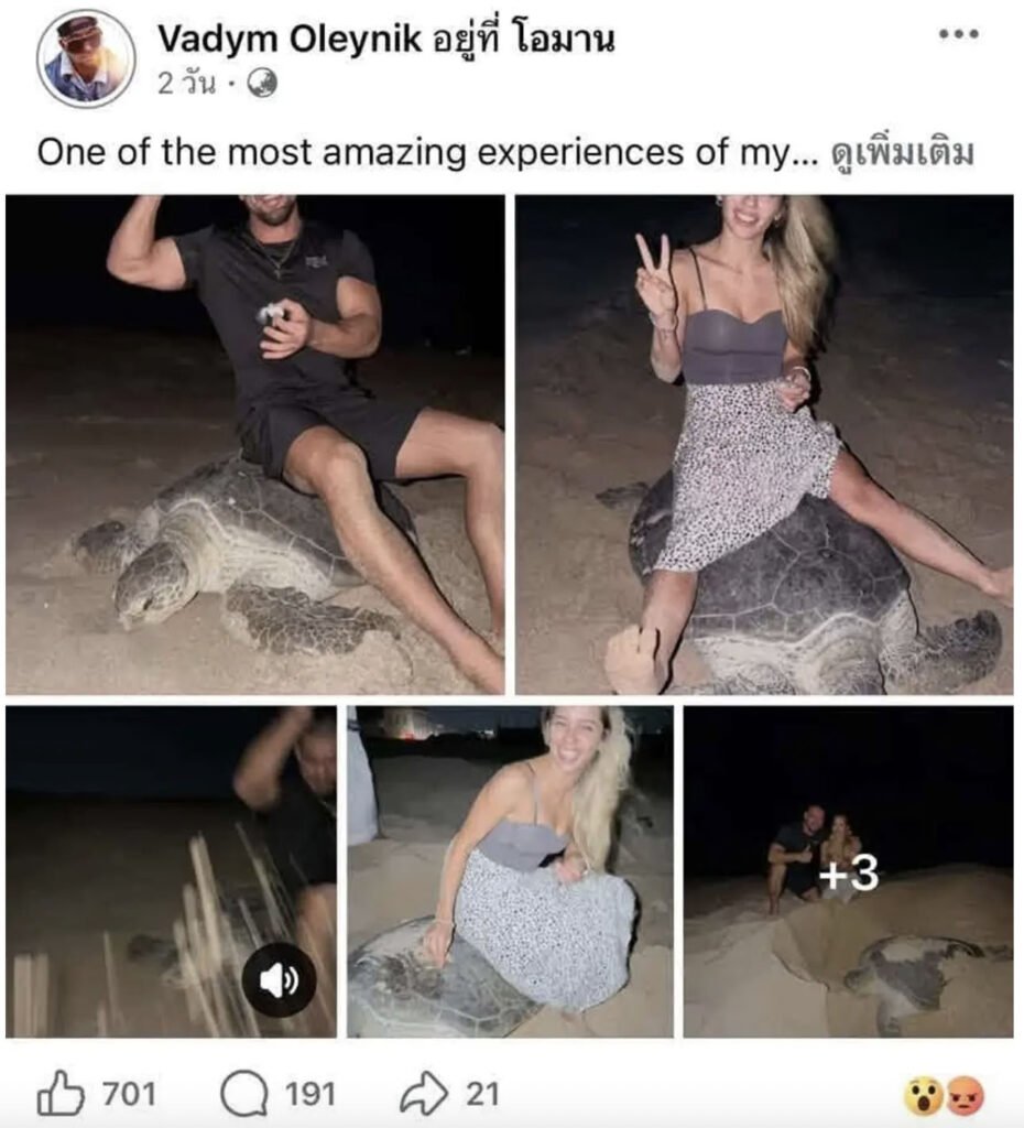 Fitness influencer Vadym Oleynik faces legal action in Oman after photos showed him sitting on a nesting sea turtle