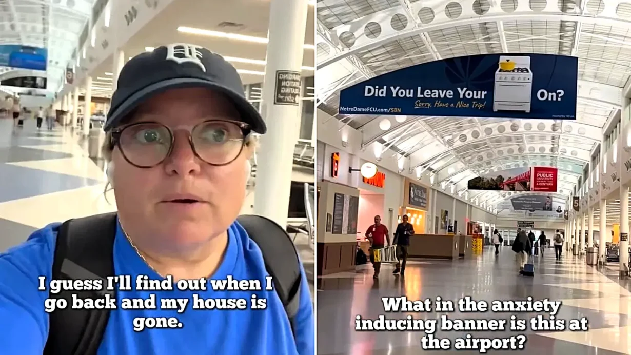 A banner at South Bend airport asked travellers if they'd left the oven on