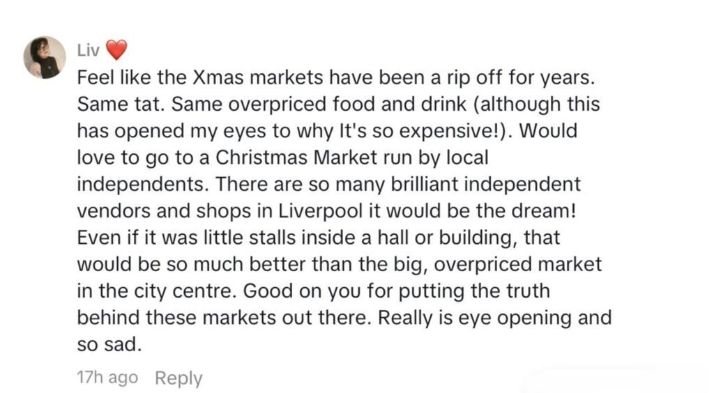 Social media comment on the post of Coffee shop owner Anthony Grice was quoted £11,840 for a four-week Liverpool Christmas market pitch