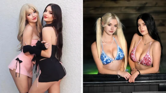 Julia (dark hair) and Lauren (blonde) Burch posing for a photo