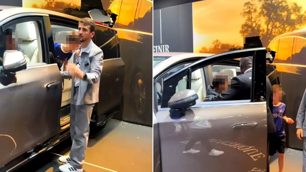 Left: Spectators react with raised hands as grey Mercedes crashes into backdrop wall. Right: Man in light blue shirt stands beside open door of