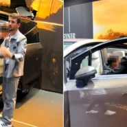 Left: Spectators react with raised hands as grey Mercedes crashes into backdrop wall. Right: Man in light blue shirt stands beside open door of