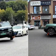 Green SUV with clamped front wheel suspended by hydraulic suspension driving away left; same vehicle parked displaying the raised wheel right.