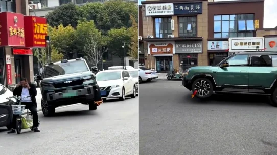 Green SUV with clamped front wheel suspended by hydraulic suspension driving away left; same vehicle parked displaying the raised wheel right.