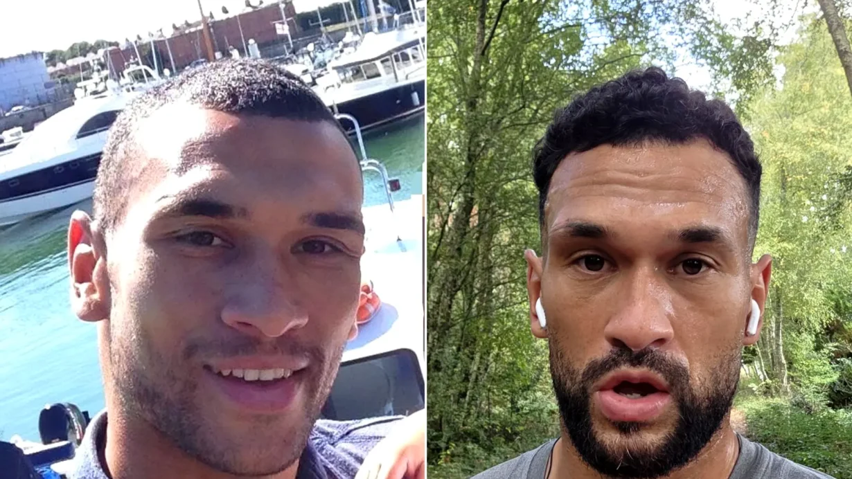 Steven Caulker in grey shirt speaking outdoors, and posing with two children on a beach