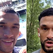 Steven Caulker in grey shirt speaking outdoors, and posing with two children on a beach