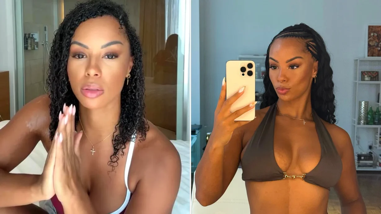 Fitness influencer Tara McCloud appealing for help (left) and dressed for social media content (right)