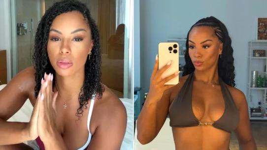 Fitness influencer Tara McCloud appealing for help (left) and dressed for social media content (right)