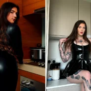 Woman in black latex posing in kitchen; woman in shiny black corset dress standing indoors.